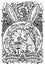 Rabbit symbol. Hare with mortar and pestle, baroque and floral decorations