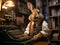 Rabbit with tie typing in vintage office