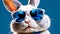 rabbit. transparent sunglasses, plain blue background, AI generated