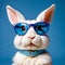 rabbit. transparent sunglasses, plain blue background, AI generated