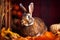 Rabbit in a warm autumn landscape with colorful falling leaves