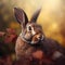 Rabbit in a warm autumn landscape with colorful falling leaves