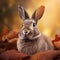 Rabbit in a warm autumn landscape with colorful falling leaves