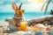 rabbit wearing sunglasses, casually enjoying a tropical drink on a sunny beach