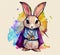 Rabbit wizard digital watercolor illustration, cute bunny symbol of the new year 2023. Cartoon rabbit children book