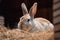 rabbit in a wooden cage with fresh hay.