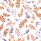 Rabbits, birds, ladybugs, autumn leaves. Repeating cute ditsy pattern. Watercolor