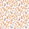 Rabbits, birds, ladybugs, autumn leaves. Repeating cute ditsy pattern. Watercolor