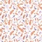 Rabbits, birds, ladybugs, autumn leaves. Repeating cute ditsy wallpaper. Watercolor