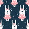 Rabbits in dresses, hearts, colorful seamless pattern