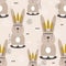 Rabbits with feathers, colorful seamless pattern. Decorative cute background with happy animals
