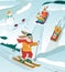 Rabbits go sledding and skiing. Cute rabbit in winter. Christmas and New Year. Vector illustration.