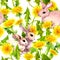 Rabbits, hares animals in dandelions meadow seamless pattern. Spring yellow flowers. Watercolor floral repeated