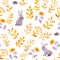 Rabbits, ladybugs, autumn forest. Seamless cute ditsy pattern. Watercolor