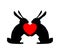 Rabbits in love icon. Red heart and silhouettes of a hares. Vector cute romantic couple of black bunnies isolated on black