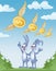 Rabbits observe the flight of dollars in the sky