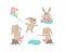 Rabbits set. Cute children s illustration depicting various actions of a rabbit. A hare bathes, sniffs a flower, plays