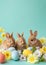 Rabbits Sitting Together in a Field of Flowers with Easter Eggs. Generative AI