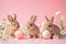Rabbits Sitting Together with Flowers and Easter Eggs. Generative AI