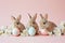 Rabbits Sitting Together with Flowers and Easter Eggs. Generative AI