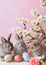 Rabbits Sitting Together with Flowers and Easter Eggs. Generative AI