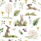 Rabbits wild forest herbs seamless pattern. Watercolor image. Hand drawn natural wild herbs, bunny, herbs, fern