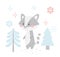 Raccoon baby winter print. Cute coon in snowy forest christmas card.