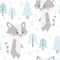 Raccoon baby winter seamless pattern. Cute animal in snowy forest christmas print.