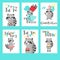 Raccoon birthday cards vector template set