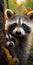 A raccoon carefully looks on from a sturdy tree branch. Generative AI