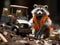 Raccoon collecting trash with toy truck