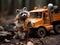 Raccoon collecting trash with toy truck