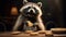 Raccoon with cookies, looking surprised and curious. Dark background. Ideal for pet food advertisements, humorous