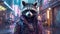 raccoon in a cyberpunk city wearing a leather jacket, generative ai illustration