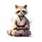 A raccoon dressed in a kimono sitting on the ground. Generative AI image.