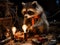 Raccoon electrician fixing toy bulb outdoors with Canon