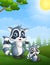 Raccoon family. Mother and her child cartoon in the jungle