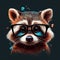 Raccoon with glasses on a dark background. The muzzle or face of a smart animal. Generated ai