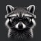 Raccoon with glasses on a gray background. The muzzle or face of a smart animal