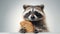 Raccoon Holding Cookie. On light background. With copy space. Cute animal. Perfect for comedic content or illustrating