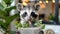 A raccoon holding a plant with its mouth open and smoking, AI