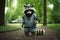 Raccoon in hoodie is standing on path in park. Generative AI