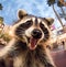 A raccoon with its mouth open take selfie photo