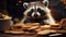 Raccoon with its paws on a pile of cookies, looking surprised and curious. Dark background. Ideal for pet food