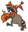 Raccoon in jester costume carries a pumpkin