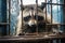 Raccoon locked in cage. Skinny lonely animal in cramped jail behind bars with sad look. Ideal for use in articles about
