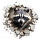 A raccoon looking through a hole in a wall