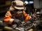 Raccoon mechanic fixing tiny car engine