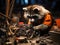 Raccoon mechanic inspects toy car engine