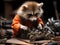 Raccoon mechanic with wrench and toy car engine